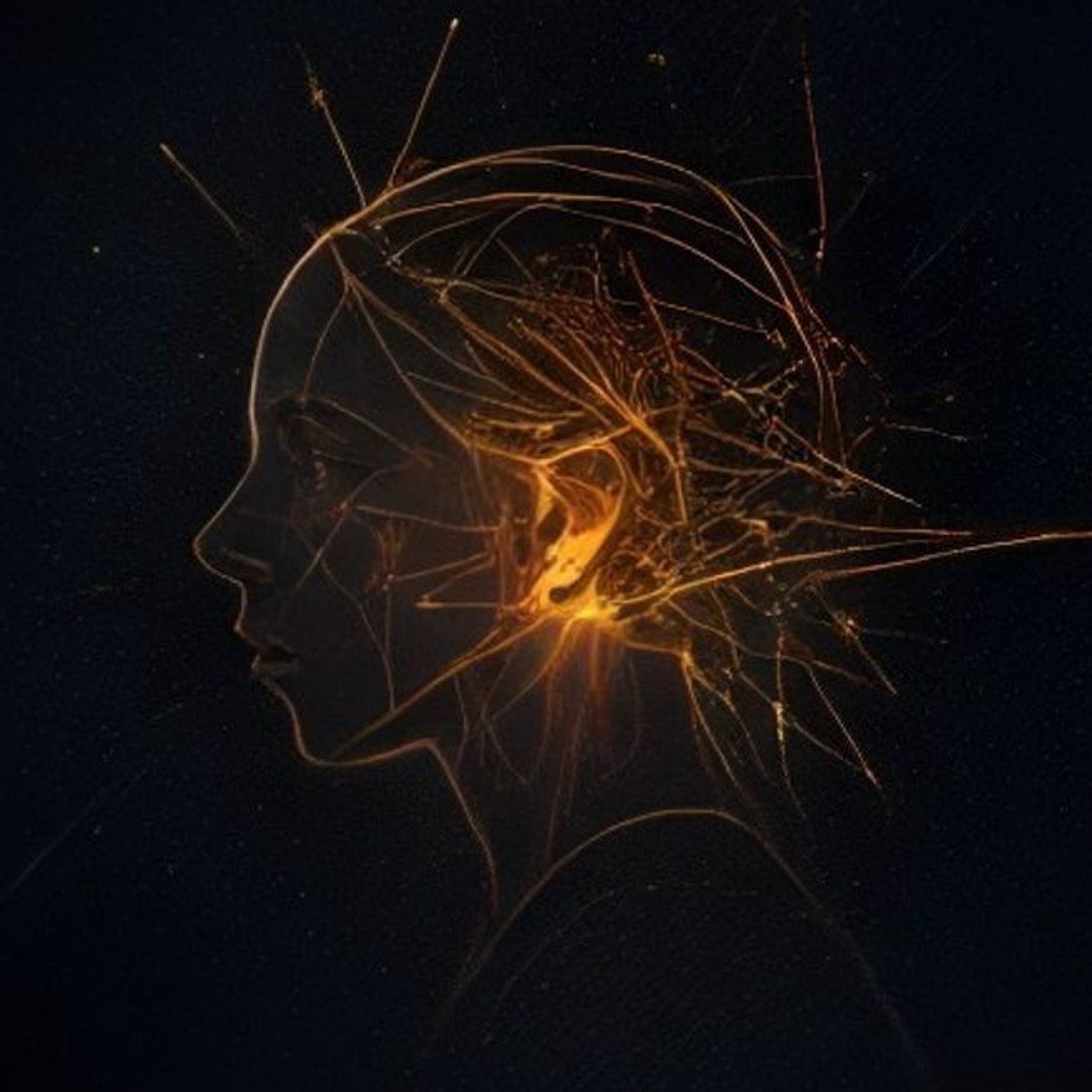 Abstract illustration of a human profile dissolving into glowing circuit-like line patterns, representing the consciousness problem in AI